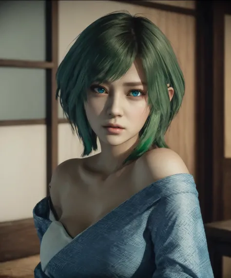 80s_horror_game,1girl,green hair,short hair,blue eyes,kimono,off shoulder,solo,<lora:80s_horror_game-07:1>,