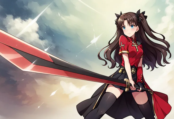 score_9, score_8_up, score_7_up, BREAK source_anime,masterpiece, top quality, best quality,
1girl,tohsaka rin, fate (series), 
sunrise stance, holding, holding weapon,holding sword, standing ,  ,     <lora:pony-sunrise:0.9>