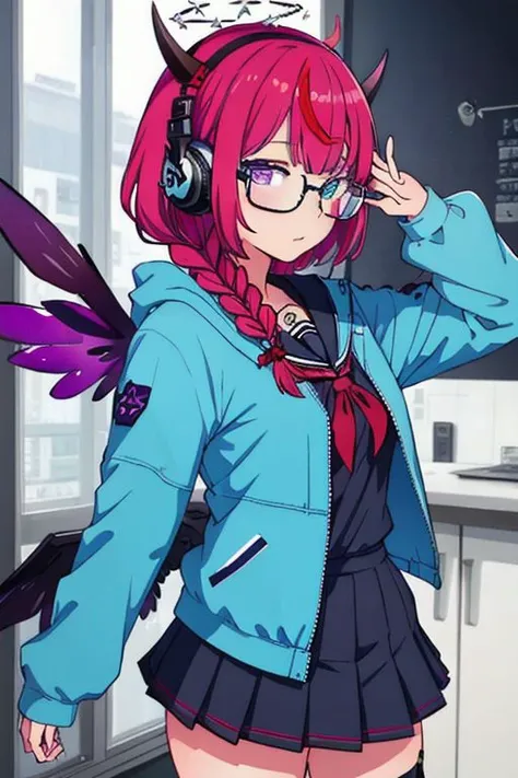 (masterpiece, best quality:1.2), 1girl, hope_seifuku, dynamic pose, heterochromia, purple eyes, blue eyes, double halo, unattached wings, horn,  purple twin braid hair, black seifuku, glasses, headphone, blue jacket,