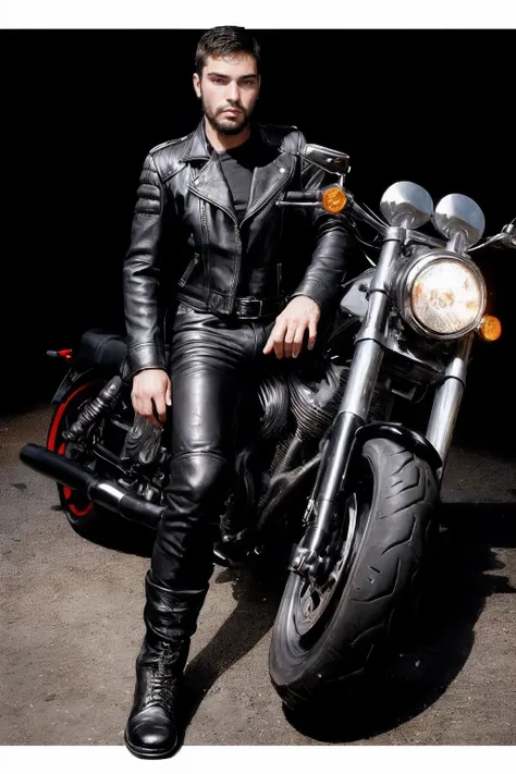 (full body), photo of beard sc_tanner <lora:sc_tanner_prodigy-06:1>, dressed as a goth leather biker, next to a motorcycle, shot by Bruce Weber