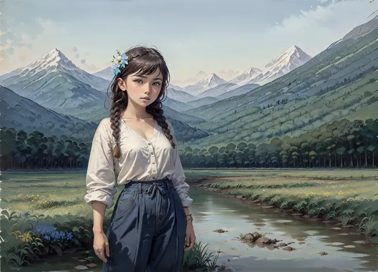 best quality,masterpiece,highly detailed,ultra-detailed, 
1girl, 
blue sky, braid, bush, day, dress, gouache, hair flower, jewelry, mountain,   outdoors, painting (medium), pants, scenery, signature, sky, standing, street, traditional media, water
<lora:ne...