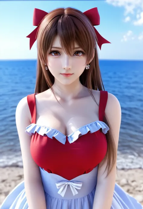 i want the whole image to be created in 3D anime style, long hair, breasts, looking at viewer, blush, bangs, multiple girls, brown hair, red eyes, dress, bow, ribbon, hair between eyes, bare shoulders, brown eyes, jewelry, medium breasts, closed mouth, hai...