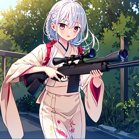 <lora:Fumino:0.8>,:Fumino,1girl,super fine illustration,masterpiece,best quality,japanese_clothes,cowboy_shot,boss sniper rifle,