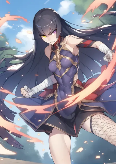 1girl, solo, really long hair, black hair, hime cut, heterochromia, purple eye, yellow eyes, slit pupils, small breasts, fishnet, black bandages, fighting stance, angry, outdoors, forest <lora:Ban AP:1>, score_9, score_8_up, score_7_up, score_6_up, score_5...