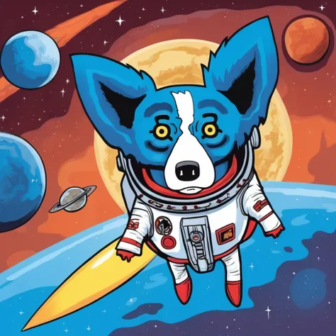 comic bledg a blue dog in a rocket flies to mars<lora:bledg:1> . graphic illustration, comic art, graphic novel art, vibrant, highly detailed