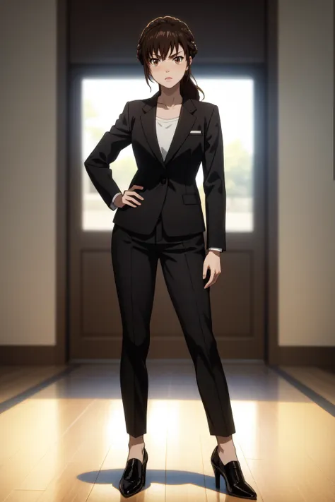 masterpiece, best quality, absurdres, 1girl, Mika <lora:Shimotsuki_Mika:0.7>, (brown eyes:1.2), brown hair, freckles, long hair, Braid,, Chief Inspector, shirt, black jacket, Pants, formal, suit, heels,
BREAK nice hands, perfect hands <lora:GoodHands-beta2...