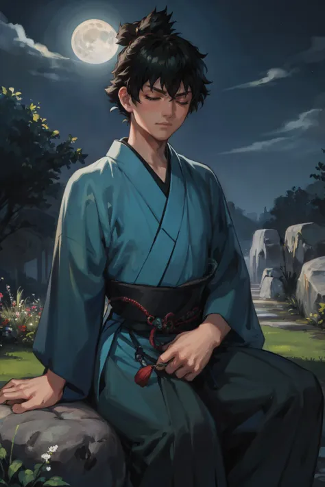 masterpiece, best quality,  <lora:miyamotoiori-nvwls-v1-000009:0.9> miyamoto iori, green kimono, hakama, looking at viewer, cowboy shot, closed eyes, garden, sitting, cobblestone, boulders, night sky, serious, moon