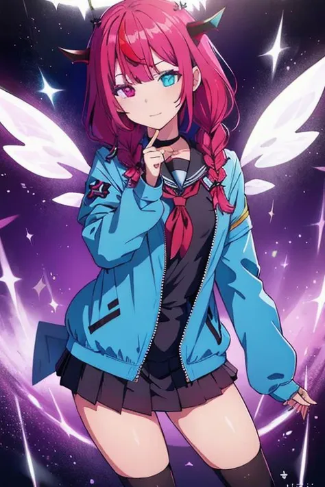 (masterpiece, best quality:1.2), hope_seifuku, dynamic pose, heterochromia, purple eyes, blue eyes, double halo, unattached wings, horn,  purple twin braid hair, seifuku, blue jacket,