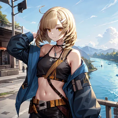 firewhistle (arknights), 1girl, solo, medium hair, blonde hair, feather hair, hairclip, smile, blue jacket, black crop top, outdoors, river, walking, <lora:Firewhistle_Arknights:0.6>