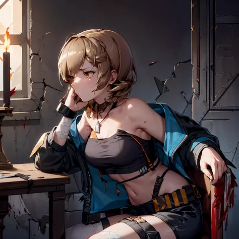 ((firewhistle (arknights))), 1girl, solo, bare shoulders, short hair, open clothes, dog tags, open jacket, blonde hair, hair ornament, medium breasts, crop top, off shoulder, hairclip, strapless, blue jacket, ruins, pyramid (structure), moss, praying, alta...