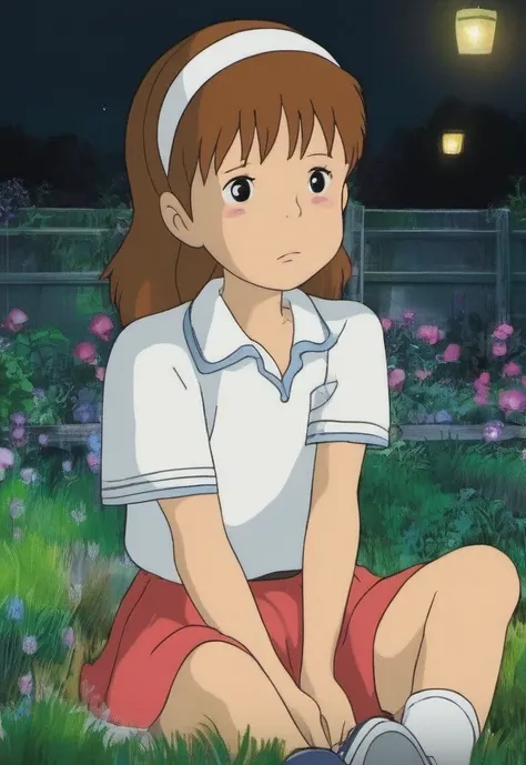 A cute girl in (shs:1.1) style, wearing a headband, sitting in the garden at night.