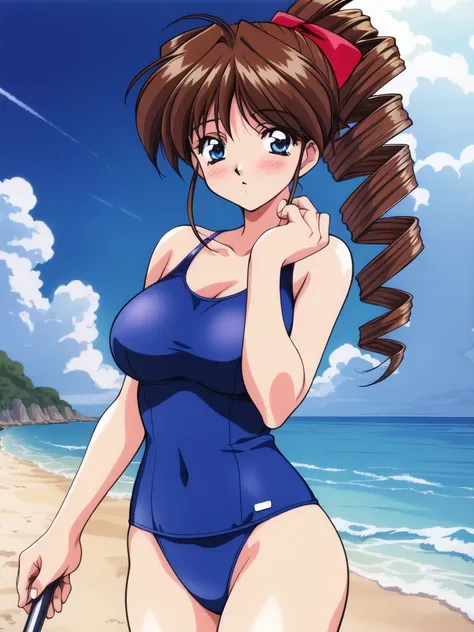 <lora:asakura_natsuki:0.8>asakura natsuki, 1girl, soro, brown hair, drill hair, blue eyes, long hair, ponytail, ribbon, large_breasts, retro artstyle,
blush,   swimsuit, summer, beach, sea, cowboy shot, 
masterpiece, high quality, very_high_resolution, lar...