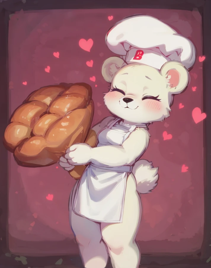 <lora:bbear:0.8>bbr ,rabbit girl , 1 Furry Girl , Bear Ears , bbr ,  white skin, chefs hat  ,  bear tail ,   , Stand up , medium  breast , apron  , Holding a bouquet of bread, hearts, closed eyes