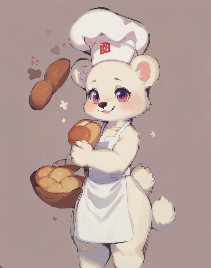 <lora:bbear:0.8>bbr ,rabbit girl , 1 Furry Girl , Bear Ears , bbr ,  white skin, chefs hat  ,  bear tail ,   ,  , nude ,Holding a loaf of bread, smile ,apron ,