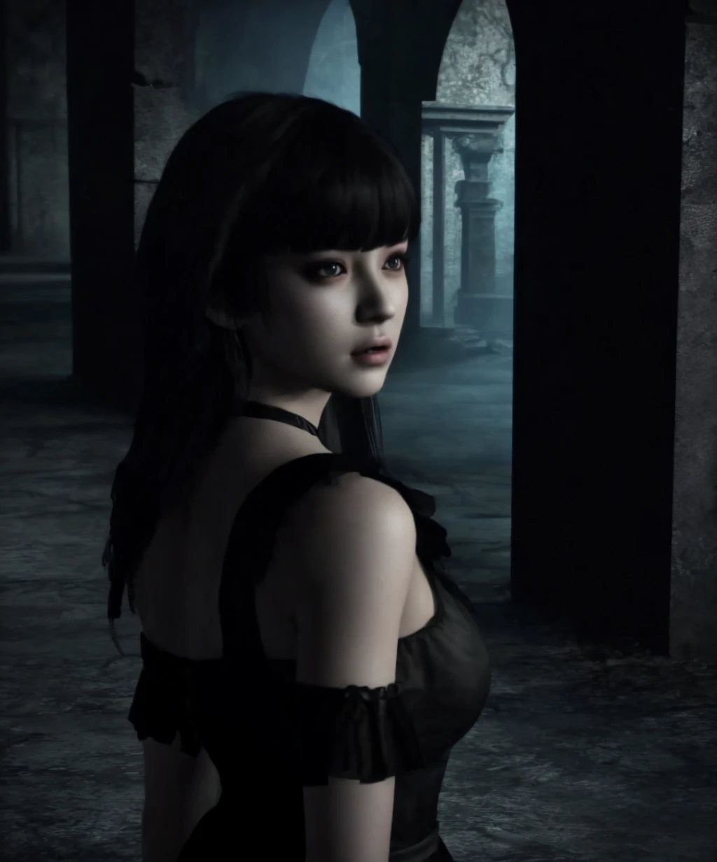 dark theme,80s_horror_game,1girl,black hair,bangs,brown eyes,scared,gothic,long_dress,building_ruins,upper body,<lora:80s_horror_game-07:1>,<lora:LowRA:0.8>,