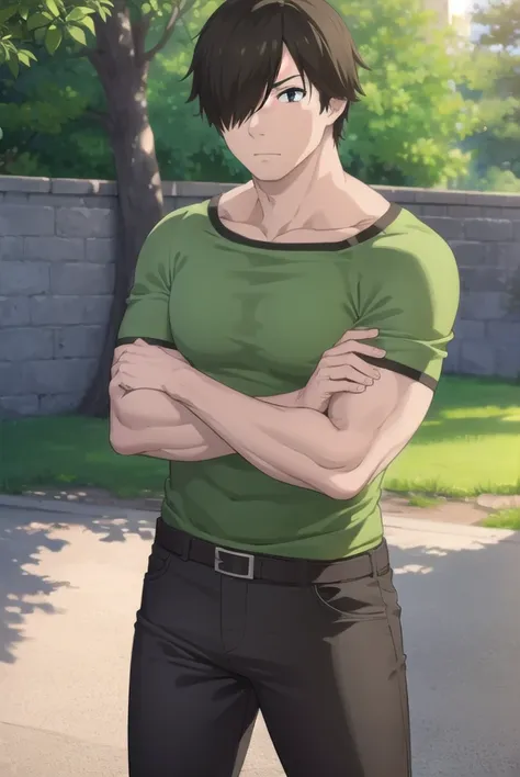 shibatagenzou, <lora:shibata genzou s1-lora-nochekaiser:1>,
shibata genzou, short hair, black hair, male focus, (hair over one eye:1.5), muscular, (black eyes:1.5),
BREAK shirt, pants, green shirt,
BREAK outdoors, forest,
BREAK looking at viewer, (cowboy s...