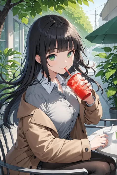 1girl, solo, masterpiece, best quality, outdoors, black hair, black pantyhose, blunt bangs, closed mouth, coat, collared shirt, cup, drinking, drinking straw, floating hair, green eyes, grey shirt, long hair, looking at viewer, pantyhose, plant, shirt, smi...