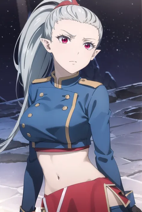 kemonorose, <lora:kemono rose s1-lora-nochekaiser:1>,
rose, long hair, (red eyes:1.3), very long hair, ponytail, grey hair, pointy ears, high ponytail,
BREAK skirt, gloves, navel, midriff, uniform, crop top, military, military uniform, blue jacket, side sl...