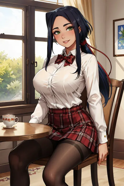 masterpiece, best quality, <lora:moelily-nvwls-v1-000009:0.8> moeLily, green eyes, low ponytail, white collared shirt, red bowtie, plaid skirt, pantyhose (huge breasts:0.8), smile, sitting, table, chair, tea, looking at viewer