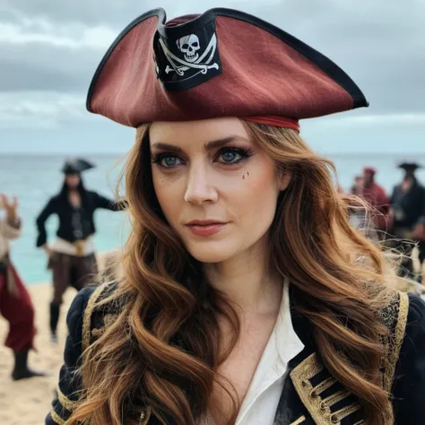 Skin Texture, Instagram iPhone Portrait photo of a woman wearing a pirate outfit on the open seas, Nikon Z9, (sharp focus), (high quality),   <lora:amadams_xl_1_standard_merger_35_63_03_07:1>