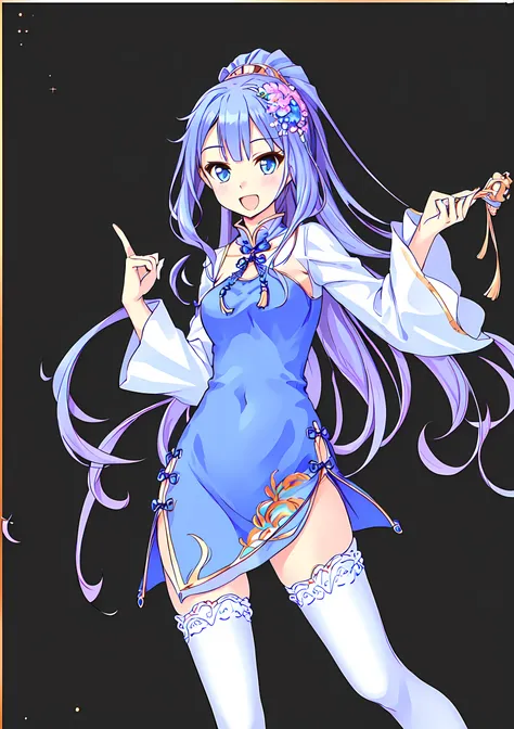 introduce myself,<lora:Priscilla:0.8>,Priscilla,1girl,super fine illustration,masterpiece,best quality,simple_background,:d,hair ornament,hair flower,china dress,blue dress,long sleeves,chinese clothes,thighhighs,white thighhighs,blue footwear,shoes,cowboy...