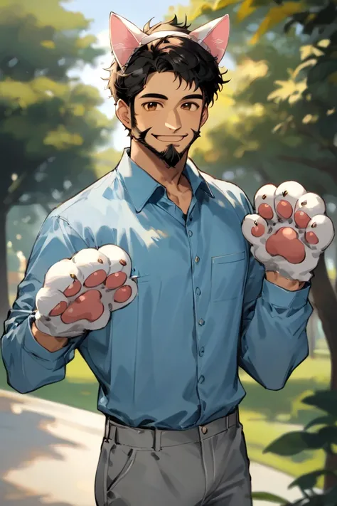 score_9, score_8_up, score_7_up, short hair, black hair, brown eyes, facial hair, beard, blue shirt, collared shirt, long sleeves, grey pants, fake animal ears, animal ears, cat ears, paw gloves, cat paws, paw pose, smile, 1boy, solo, male focus, mature ma...