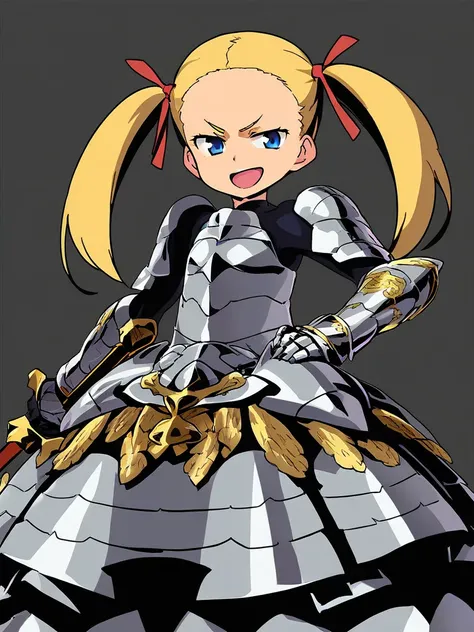 <lora:Himukai-PonyXL-1024px:1>
source_anime,
1girl, solo, standing, hand on hip, holding sword, armored dress, blonde hair, twintails, hair_ribbon, gauntlets, open mouth, blue eyes, eyebrows, smirk, forehead