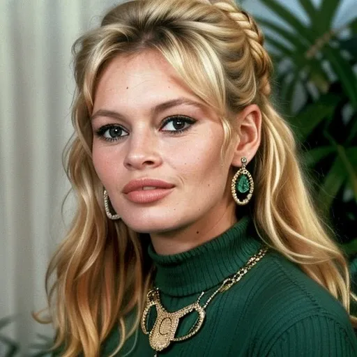 a photo of Bardot1_512-2400, a woman wearing a green knit sweater, a woman wearing a gold necklace and earrings,