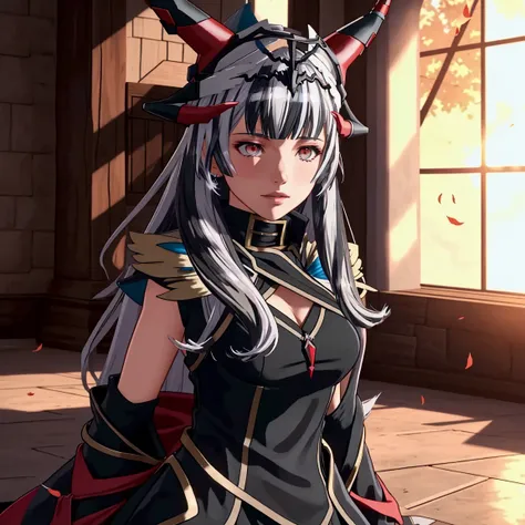 VeyleEvil, Veyle (fire emblem), Veyle (Fire Emblem Engage), 1girl, red eyes, black hair, multicolored hair, candle, solo, bangs, grey hair, closed mouth, streaked hair, indoors, two-tone hair, long hair BREAK Confused, Whirlwind of leaves, Kneeling down BR...