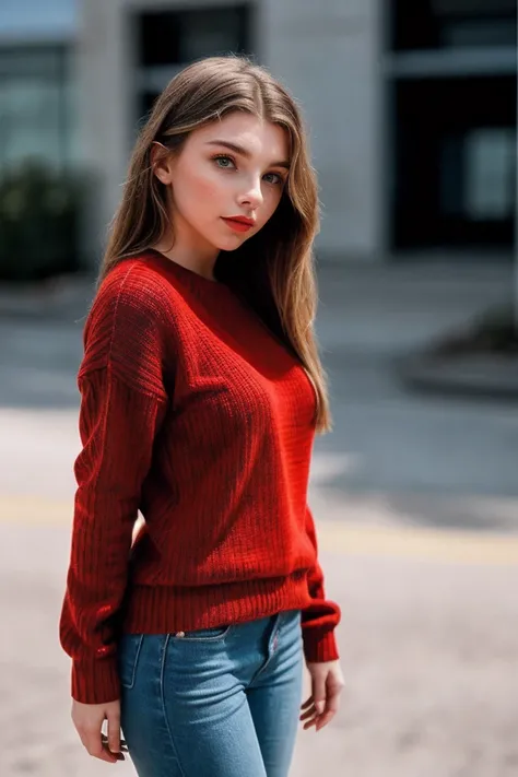 photo of fit (D4rl33nJos3ph1n3-135:0.99), a beautiful woman, perfect hair, (modern photo), wearing a (long sleeved sweater:1.2) and long pants with jewelry, portrait, 85mm, (analog, cinematic, film grain:1.3), (Nano-tech Medical Facility, Advanced facility...