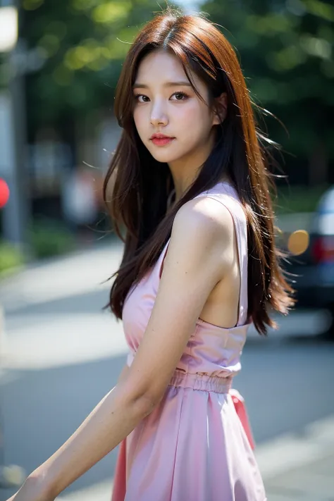 Best quality, masterpiece, ultra high res, (photorealistic), raw photo,1girl, skinny, upper body,solo, realistic, looking at viewer, long hair, bokeh background, city streets,brown eyes, bohemian dress,   <lora:makina69_solbin_v1.0:1>