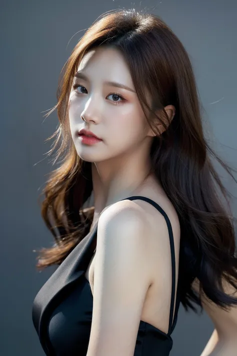 Best quality, masterpiece, ultra high res, (photorealistic:1.4), raw photo,1girl, solo, realistic, looking at viewer, upper body,simple gray background, formal dress, <lora:makina69_solbin_v1.0:1>