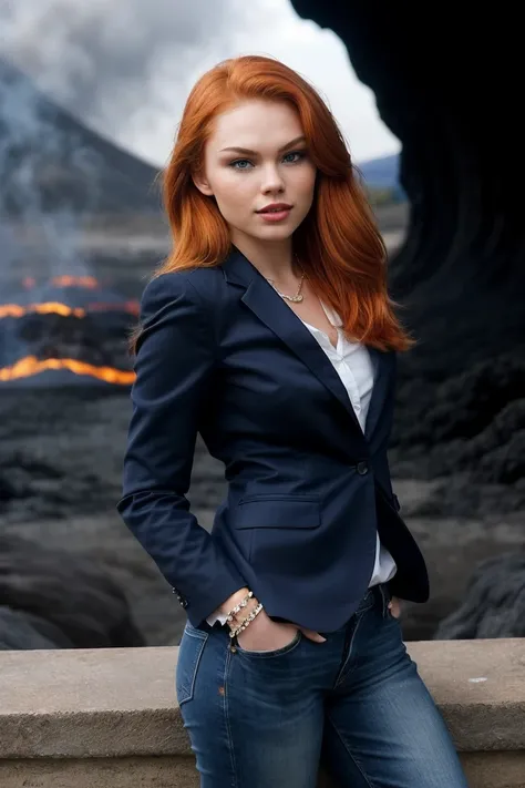 photo of beautiful (J4ym3L4ngf0rd-140:0.99), (redhead:1.2), a woman, perfect hair, (modern photo), wearing a (business suit:1.2) and jeans with jewelry, portrait, 85mm, (analog, cinematic, film grain:1.3), (Volcanic Expanse, Planet with active volcanoes, l...