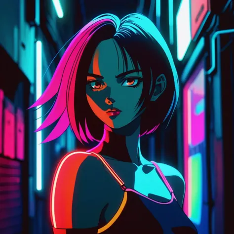 close up shot, an anime illustration, portrait of a beautiful polish girl in a dark alley at night with colorful neons, dress, chinapunk, in the style of dark intensity, snapshot aesthetic, close up,  <lora:iria_toma:0.73>