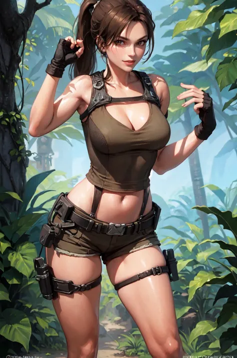 UndeworldLara, ponytail, brown hair, cleavage, tanktop, midriff, jungle, smile, lips, shorts, chest harness, thigh strap, thigh holster, hand on head, fixing own hair, masterpiece, best quality, drak green tanktop, tall female, , fingerless gloves, boots, ...