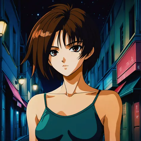 anime illustration of an anime girl with brown hair and small breasts wearing a colorful tshirt in paris at night,  <lora:iria_zeiram:0.65>, intricate details