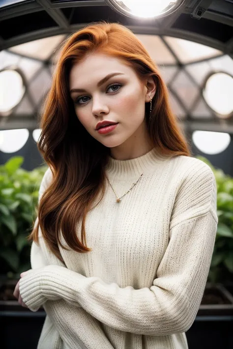 photo of beautiful (J4ym3L4ngf0rd-140:0.99), (redhead:1.2), a woman, perfect hair, (modern photo), wearing a (long sleeved sweater:1.2) and long pants with jewelry, portrait, 85mm, (analog, cinematic, film grain:1.3), (Martian Agricultural Dome, Dome with ...