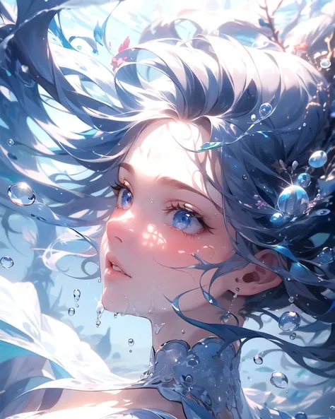 1girl, solo,ttblue, (masterpiece,best quality), <lora:ttblue+2:1>,underwater, bubble, dutch angle,  close-up, portrait, parted lips, wet, reflection,