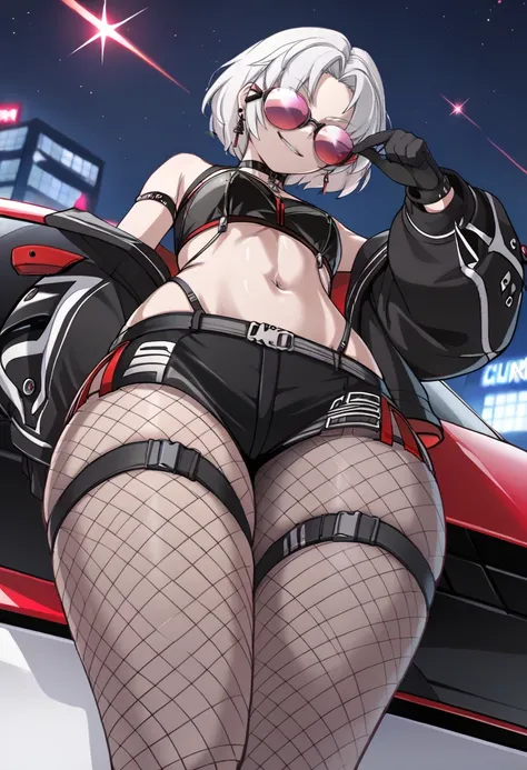 score_9, score_8_up, score_7_up, source_anime BREAK 1girl, <lora:drake-nikke-richy-v1_pdxl:1> drakercr, short hair, white hair, red eyes, earrings, x hair ornament, sunglasses, tinted eyewear, looking over eyewear, black jacket, off shoulder, choker, crop ...