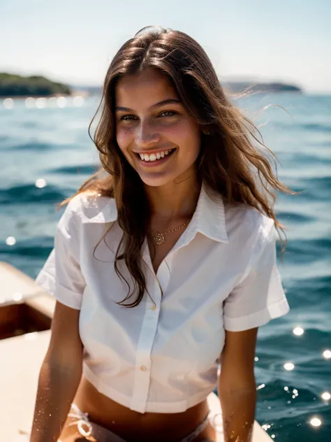 A beautiful l43t1t14c woman, 1girl,solo,long hair,breasts,looking at viewer,smile,brown hair,shirt,jewelry,white shirt,upper body,short sleeves,outdoors,teeth,day,water,necklace,mole,grin,ocean,freckles,realistic,soft lighting, professional Photography, Ph...