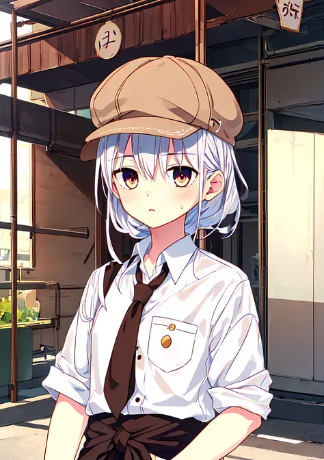 <lora:Fumino:0.7>,Fumino,1girl,super fine illustration,masterpiece,best quality,hat,cabbie hat,brown headwear,a white shirt,