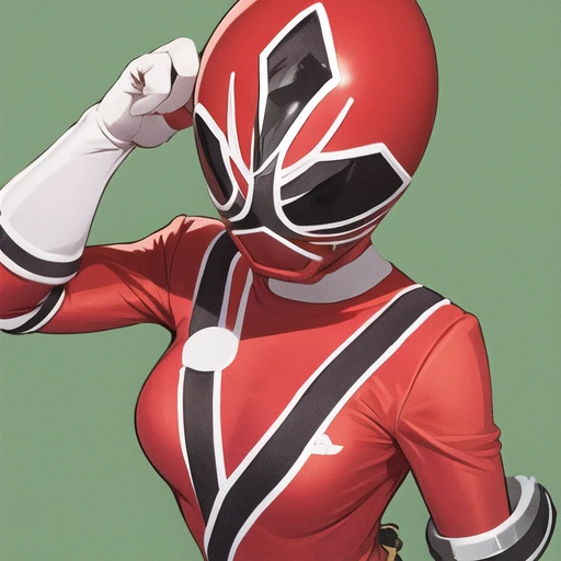 <lora:ranger:0.7>, 1girl, solo, simple colored background, red body suit, hand on hip, large breasts