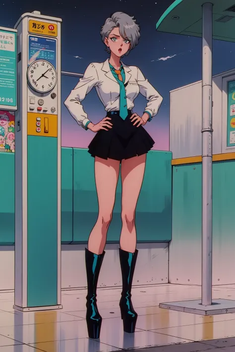 1girl, solo, odd numbers, bus stop, night, pray hand on hip, gray hair, short gray hair, hair over one eye, turquoise eyes, tall, necktie, skirt, splash guards, platform boots, small breasts, :o .<lora:EPTakeuchiNaokoStyle-03:1> EPTakeuchiNaokoStyle, 1990s...