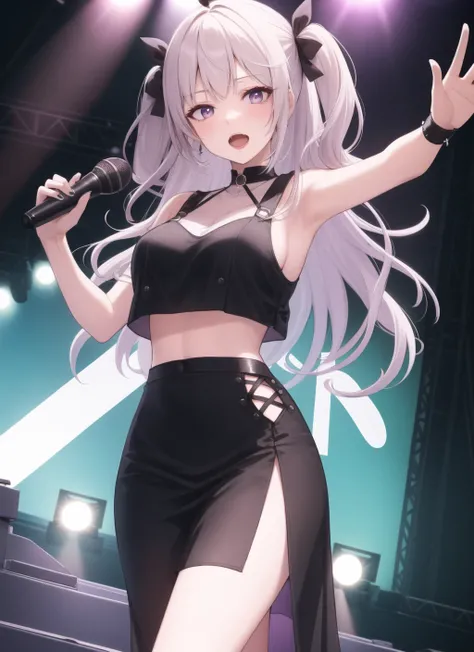 masterpiece, crop top overhang,  1girl ,  spotlight, stage,   holding microphone, open mouth, two side up, medium breasts,  long dress, colorful, reaching, lens flare,
<lora:crop_top_overhang_v2:0.9>