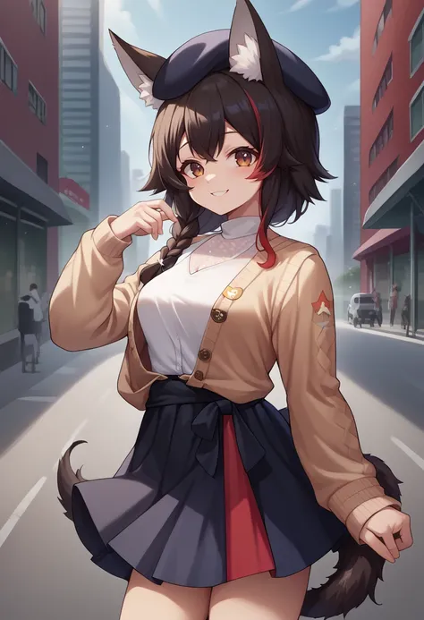 score_9, score_6_up, source_anime, 1girl, solo, outdoors, city, mio_street, side braid, brown cardigan, open cardigan, white shirt, high-waist skirt, beret, tail wrap, tail around leg, light smile <lora:mioXL-10:1>