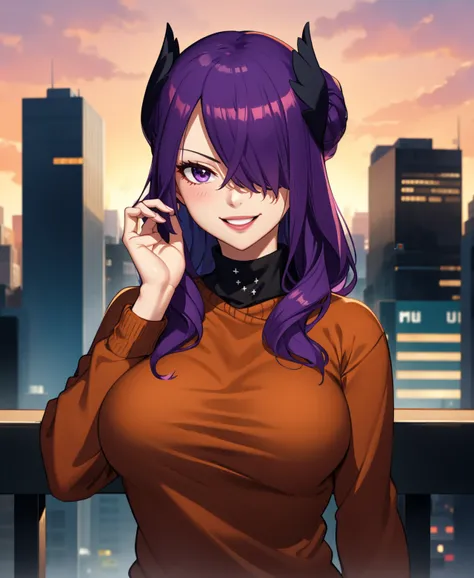 <lora:EZ_Holy_MSV3:0.8> ,holy,hair updo, elegant updo,hair over one eye,purple hair,black hair ornament,maturefemale, solo,turtle neck sweater, smile,,city square, 6pm, orange sky