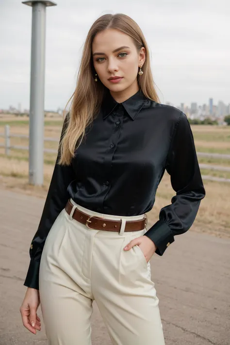 beautiful photograph of a smart looking 1girl, solo, wearing a royal green, satin collared shirt <lora:collaredShirt-000020-v2:0.75> very detailed fine silk fabric emphasis, perfectly defined button detailing, black pants with a belt, diamond stud earrings...