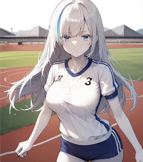 score_9, score_8_up, score_7_up, score_6_up, score_5_up, score_4_up, BREAK, white background, 
 <lora:tb-12:1>, tbal, large breasts, long hair,  long hair, gym uniform, track and field, cowboy shot, white skin,