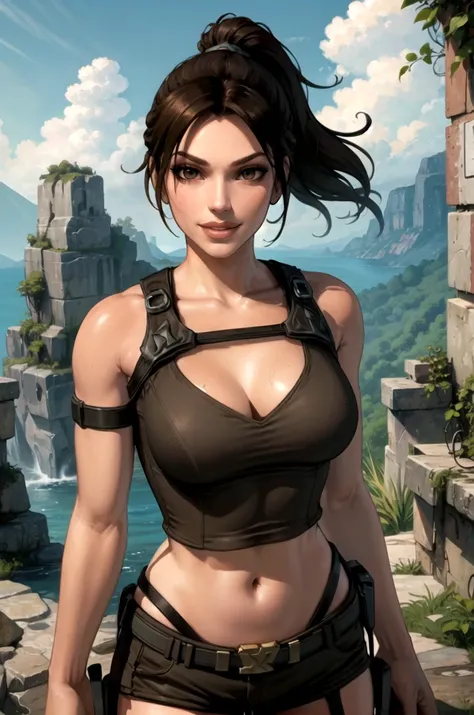 undeworldlara, ponytail, brown hair, cleavage, tanktop, midriff, jungle, smile, lips, shorts, chest harness, thigh strap, thigh ...