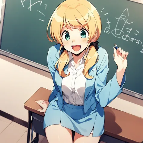 1girl,solo,smile,open mouth,cowboy shot,ellenbaker,<lora:ellenbaker_xl:1>,teacher,chalkboard,classroom,best quality,light blue clothing,